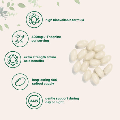 Micro Ingredients L-Theanine 400mg, 400 Soft gel capsules | Highly Bioavailable with Coconut Oil | Calm & Relaxation Support + Focus Supplement | Non-GMO, Gluten-free