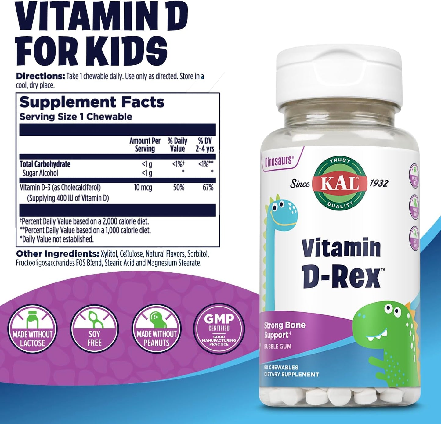 KAL Vitamin D-Rex Chewable - Children's Vitamin D3 400 IU, Bubblegum Flavour, 90 Chewables - görsel 2