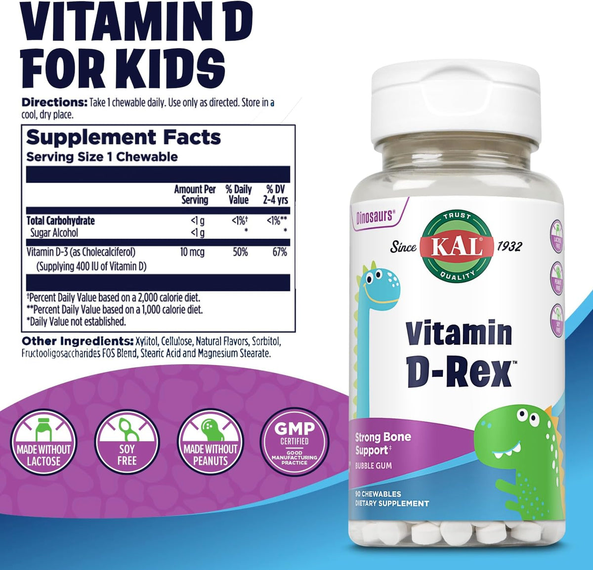 KAL Vitamin D-Rex Chewable - Children's Vitamin D3 400 IU, Bubblegum Flavour, 90 Chewables - görsel 2