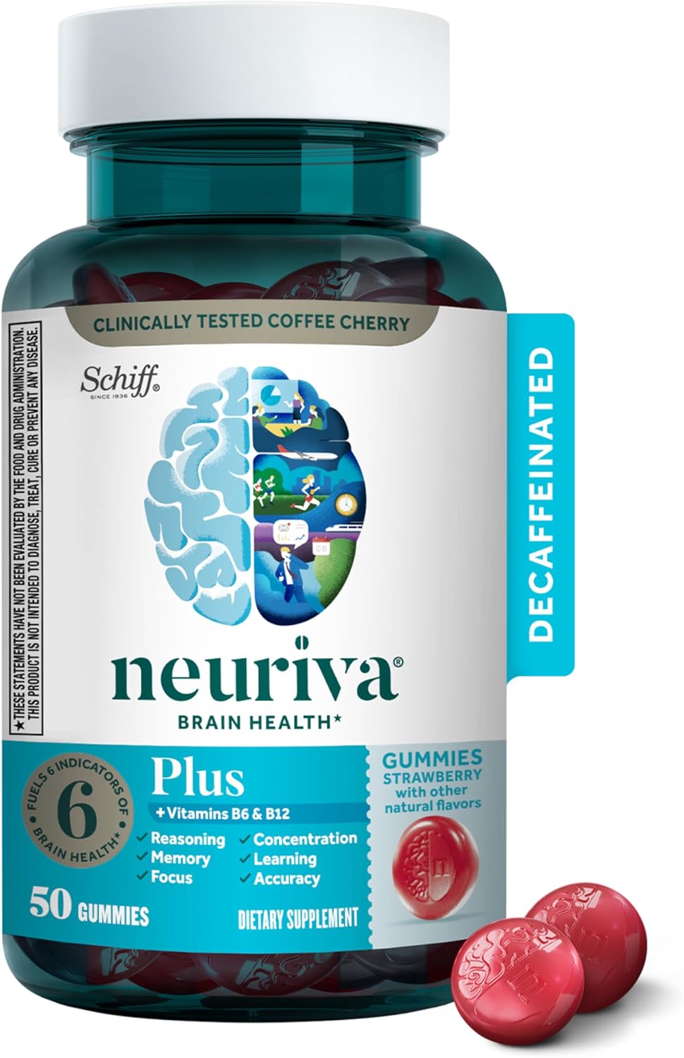 NEURIVA Plus Brain Supplements for Memory and Focus, Clinically Tested Nootropics Neurofactor and Phosphatidylserine with Vitamin B12, Vitamin B6, 50 Gummies, Strawberry Flavour - görsel 1