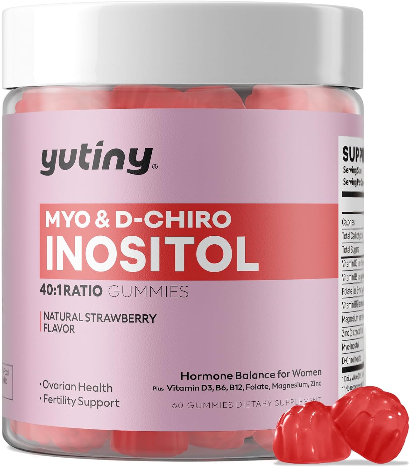 Yutiny Myo-Inositol & D-Chiro Inositol Gummies, Vitamin B6 B12 & Folate for Women, Vegan, Sugar Free, Strawberry Flavour, 60 Count - görsel 1