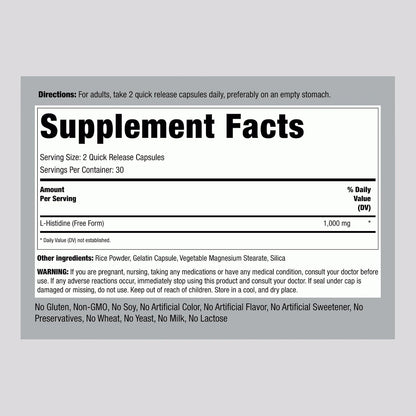 Piping Rock L-Histidine 1000 mg | 60 Capsules | Free Form Supplement