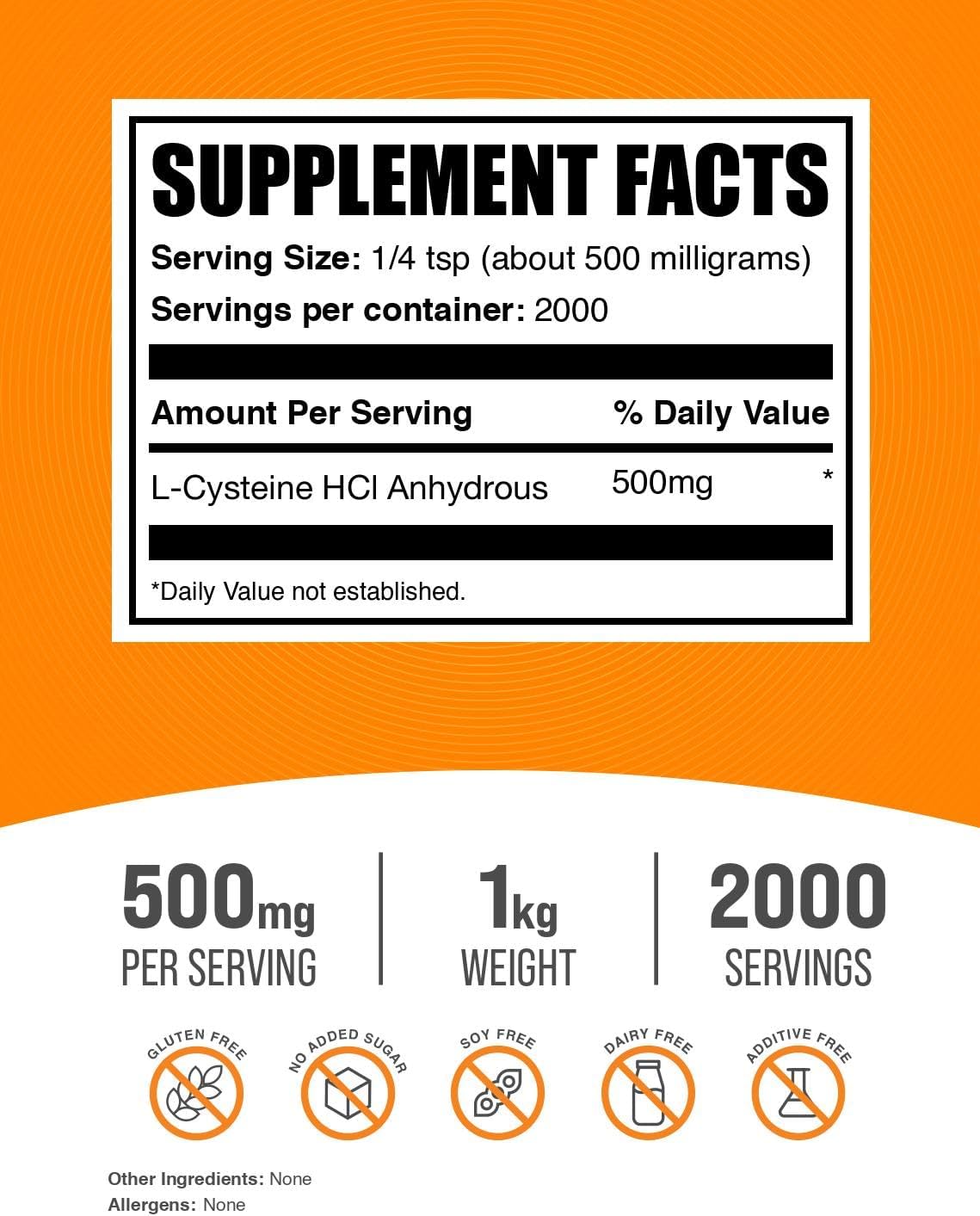 BulkSupplements.com L-Cysteine HCl Powder - 500mg per Serving, 1kg (2.2 lbs) - görsel 2