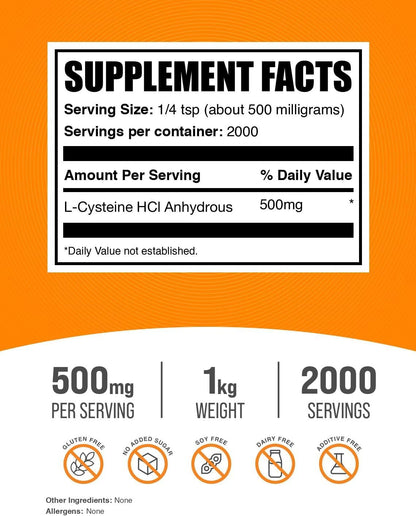 BulkSupplements.com L-Cysteine HCl Powder - 500mg per Serving, 1kg (2.2 lbs)