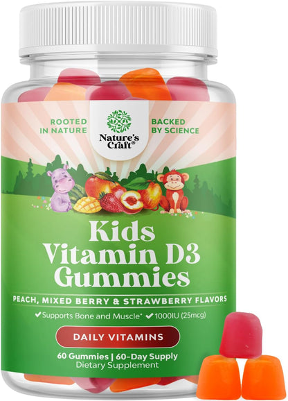 Chewable Vitamin D Gummies for Kids - 1000 IU Gelatine Free Fruit Flavours (60 Count)