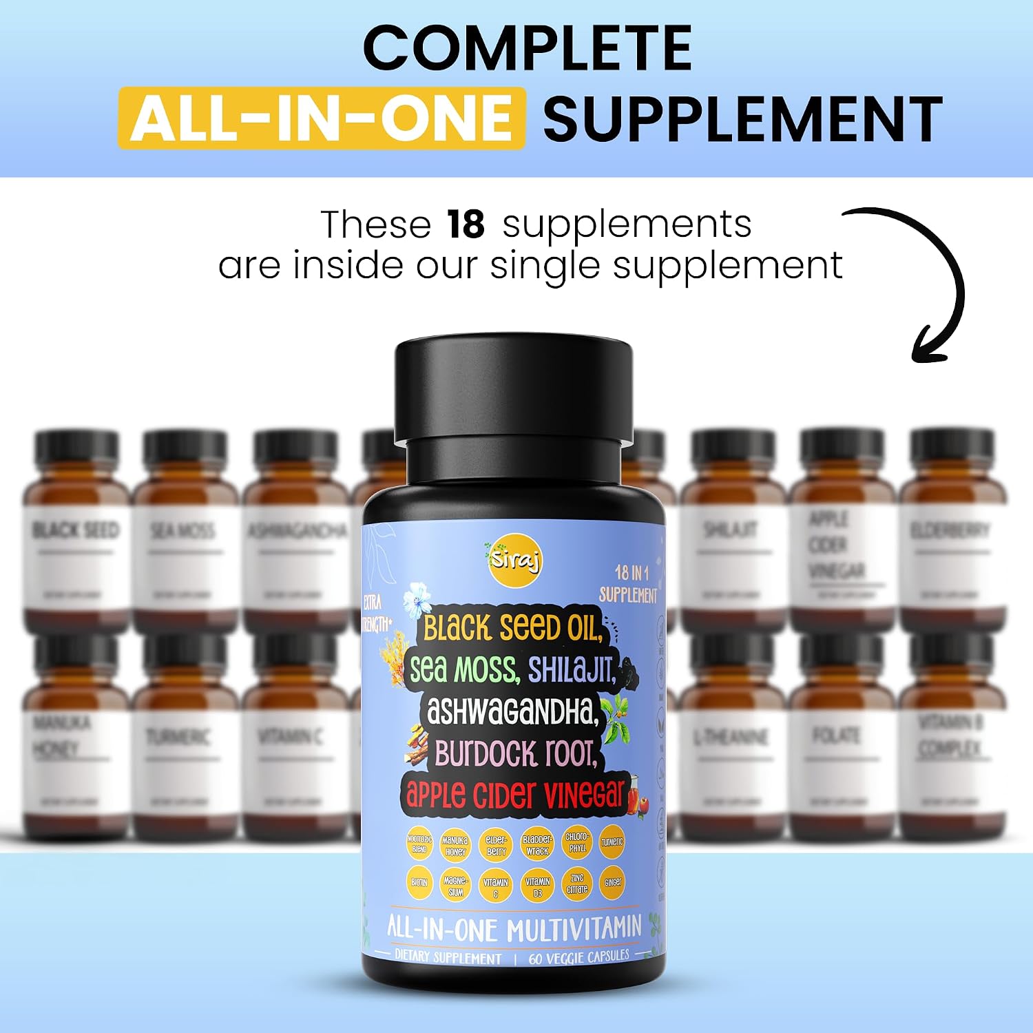 Siraj 18-in-1 Superfood Multivitamin - Irish Sea Moss, Black Seed Oil, Shilajit, Ashwagandha, Nootropic Supplement - 60 Capsules - görsel 3
