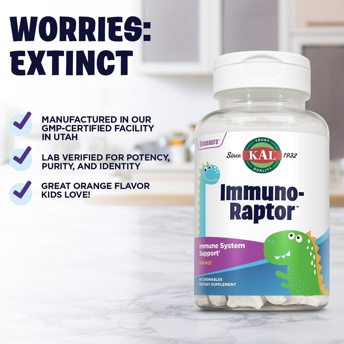 KAL ImmunoRaptor Kids Immune Support Chewables - Dinosaur Shaped Vitamin C & Zinc - 60 Chewable Tablets - görsel 5