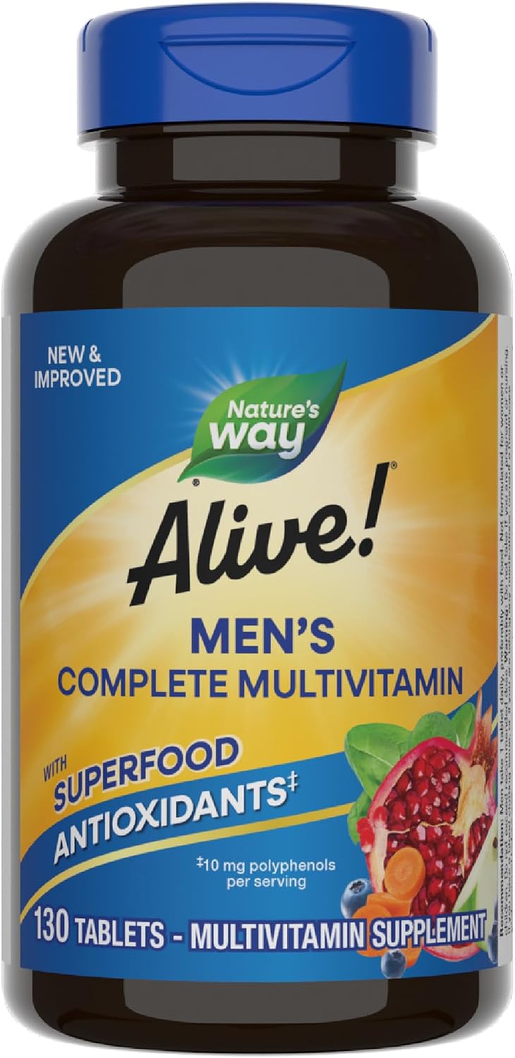 Nature's Way Alive! Men's Complete Daily Multivitamin, Supports Energy Metabolism & Muscle Function, with B Vitamins, Gluten-free, 130 Tablets - görsel 1