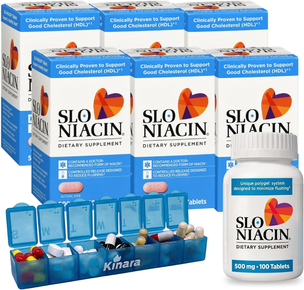 Kinara Slo Niacin 500mg Flush Free – Vitamin B3 Supplement, 100 Capsules (6-Pack) with Pill Organiser - görsel 1