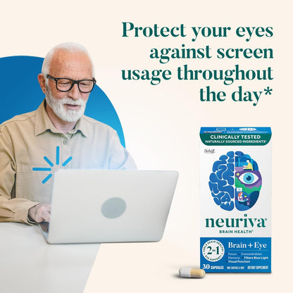 NEURIVA Brain + Eye Supplement for Memory, Focus & Concentration with Lutein & Vitamins A, C, E and Zinc for Eye Health & Zeaxanthin to Filter Blue Light, 30ct Capsules (2 Pack)