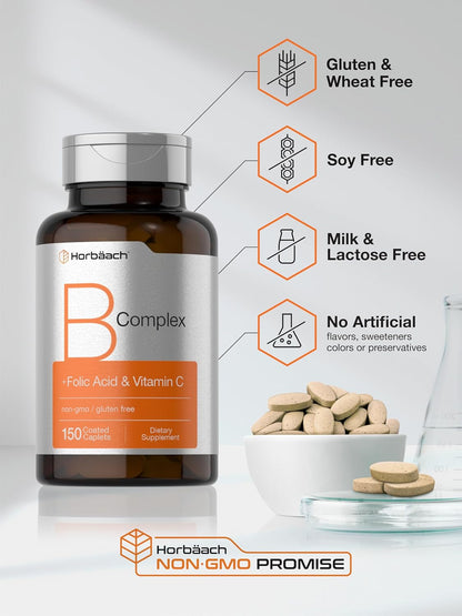 Horbaach B Complex Vitamins – High Strength with Folic Acid & Vitamin C, 150 Caplets