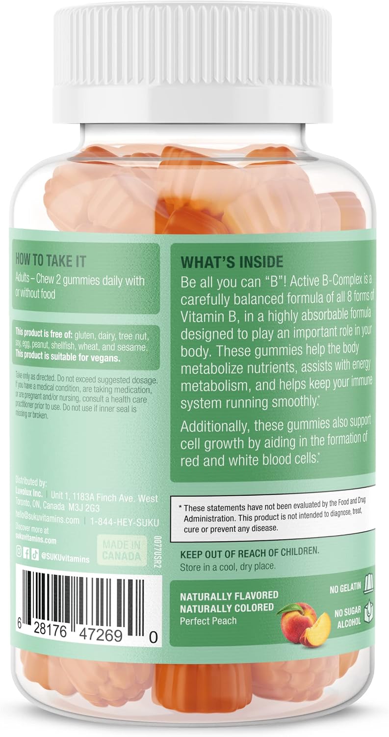 SUKU Vitamin B Complex Gummies with Vitamin C – Sugar Free Vegan 8 B Vitamins, Peach Flavour (50 Gummies) - görsel 3