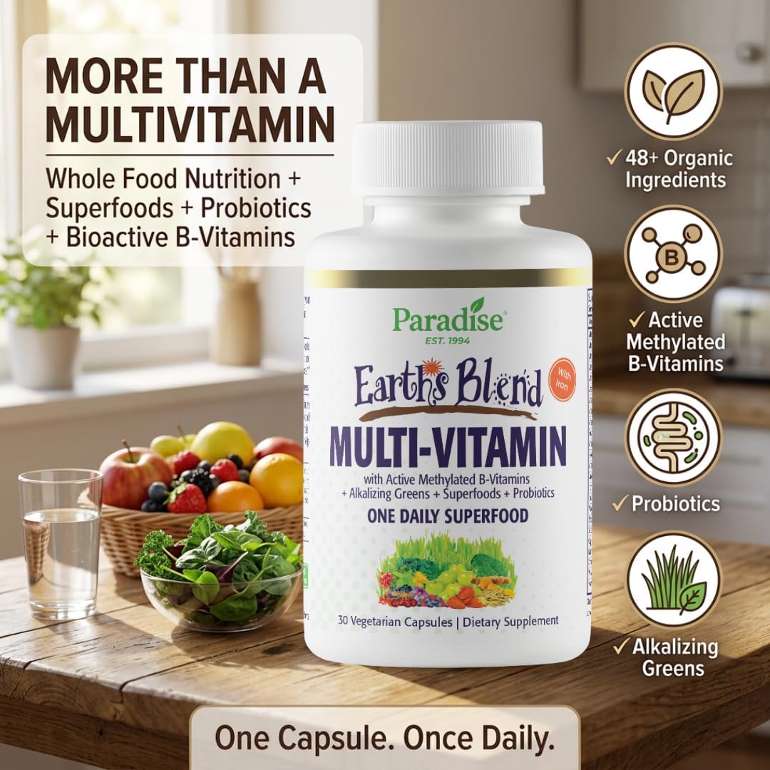 Paradise Herbs Earth's Blend Once Daily Multivitamin with Iron, 48 Organic Superfoods, Probiotics, Antioxidants, Vitamins A, B12, C, D, K2, Daily Superfood, 30 Capsules - görsel 2