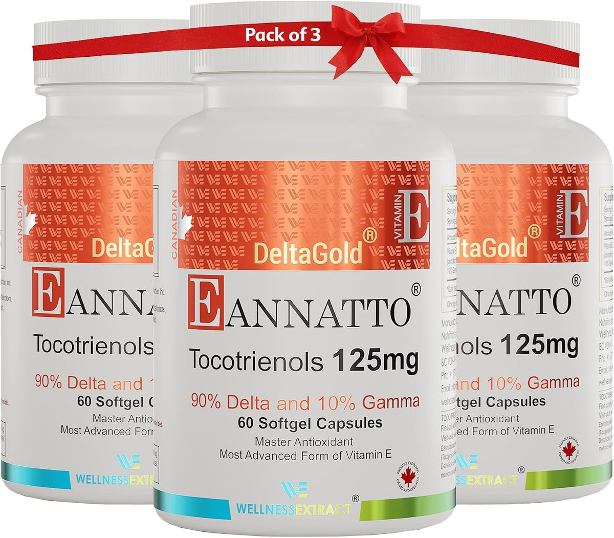 WELLNESS EXTRACT Eannatto Tocotrienols Vitamin E Supplements Tocopherol Free, Non-GMO, Gluten-free & Antioxidant 125mg 60 Softgels (Pack of 3) - görsel 1
