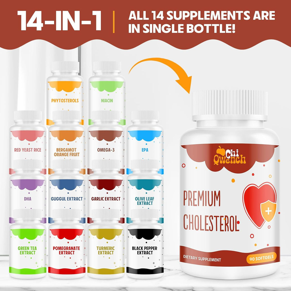 ChiQwench Cholesterol Support Complex - 14-in-1 Formula with Plant Sterols, Niacin, and Red Yeast Rice, 180 Soft gel capsules - görsel 5
