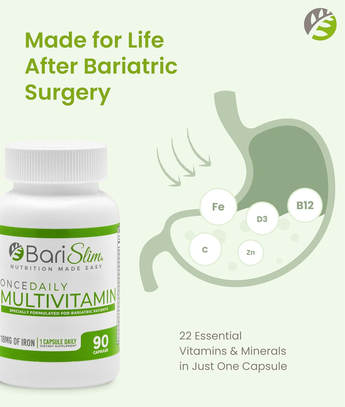 BariSlim Once Daily Bariatric Multivitamin Capsule - 18mg of Iron - 90 Day Supply - görsel 3