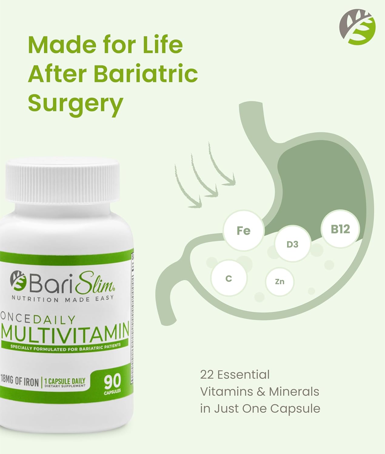 BariSlim Once Daily Bariatric Multivitamin Capsule - 18mg of Iron - 90 Day Supply - görsel 3