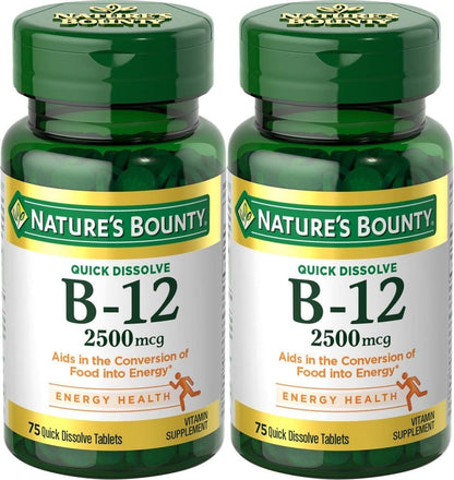 Nature's Bounty Vitamin B-12, Quick Dissolve, 2500 mcg, Natural Cherry Flavour, 150 Tablets (2-Pack)