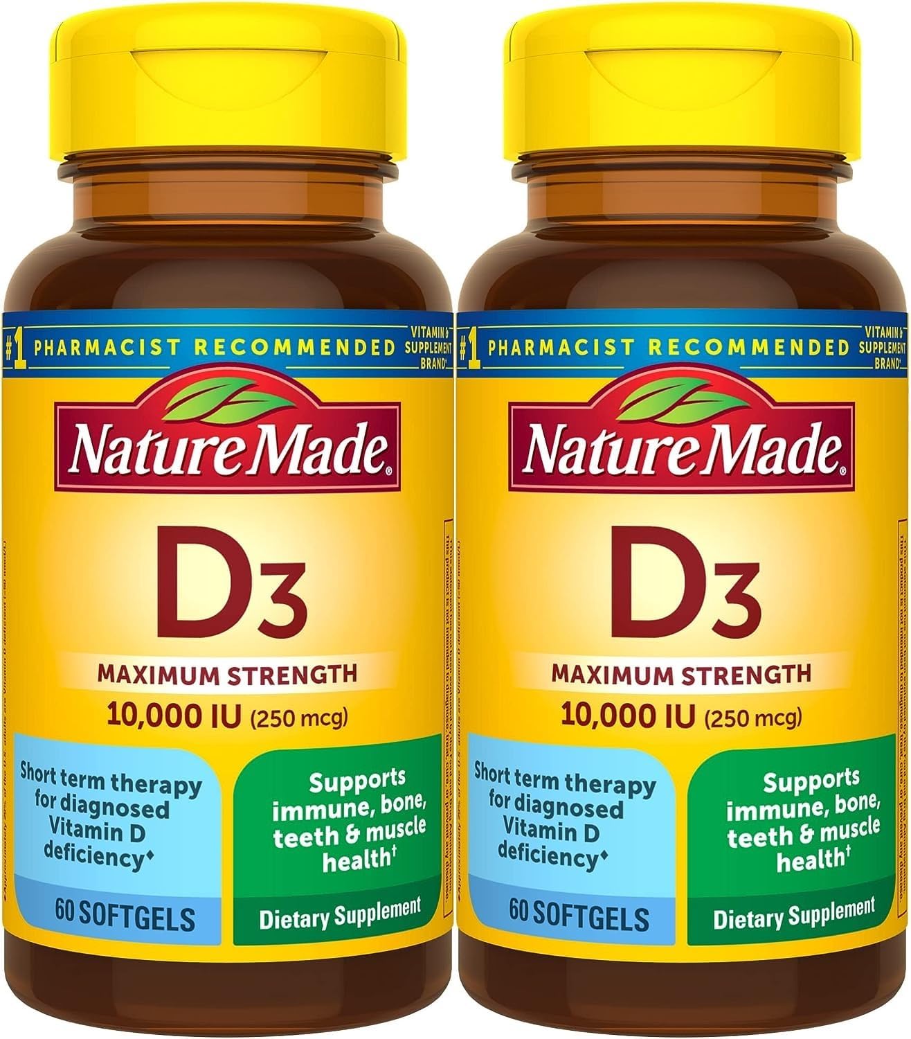Nature Made Maximum Strength Vitamin D3 10000 IU (250 mcg), Food Supplement for Bone, Teeth, Muscle and Immune Health Support, 60 Soft gel capsules, 60 Day Supply - Pack of 2 - görsel 1