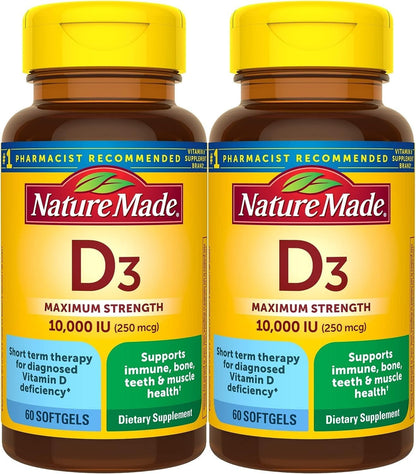 Nature Made Maximum Strength Vitamin D3 10000 IU (250 mcg), Food Supplement for Bone, Teeth, Muscle and Immune Health Support, 60 Soft gel capsules, 60 Day Supply - Pack of 2