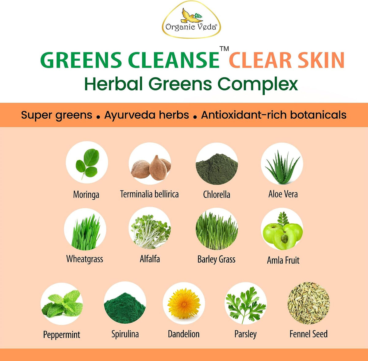Organic Veda Chlorophyll Turmeric Neem Clear Skin Supplement - Greens Cleanse for Clear Skin, Zinc with Copper Women's Beauty Supplement - Chlorophyll Capsules for Gut and Liver Support, 60 Capsules - görsel 3
