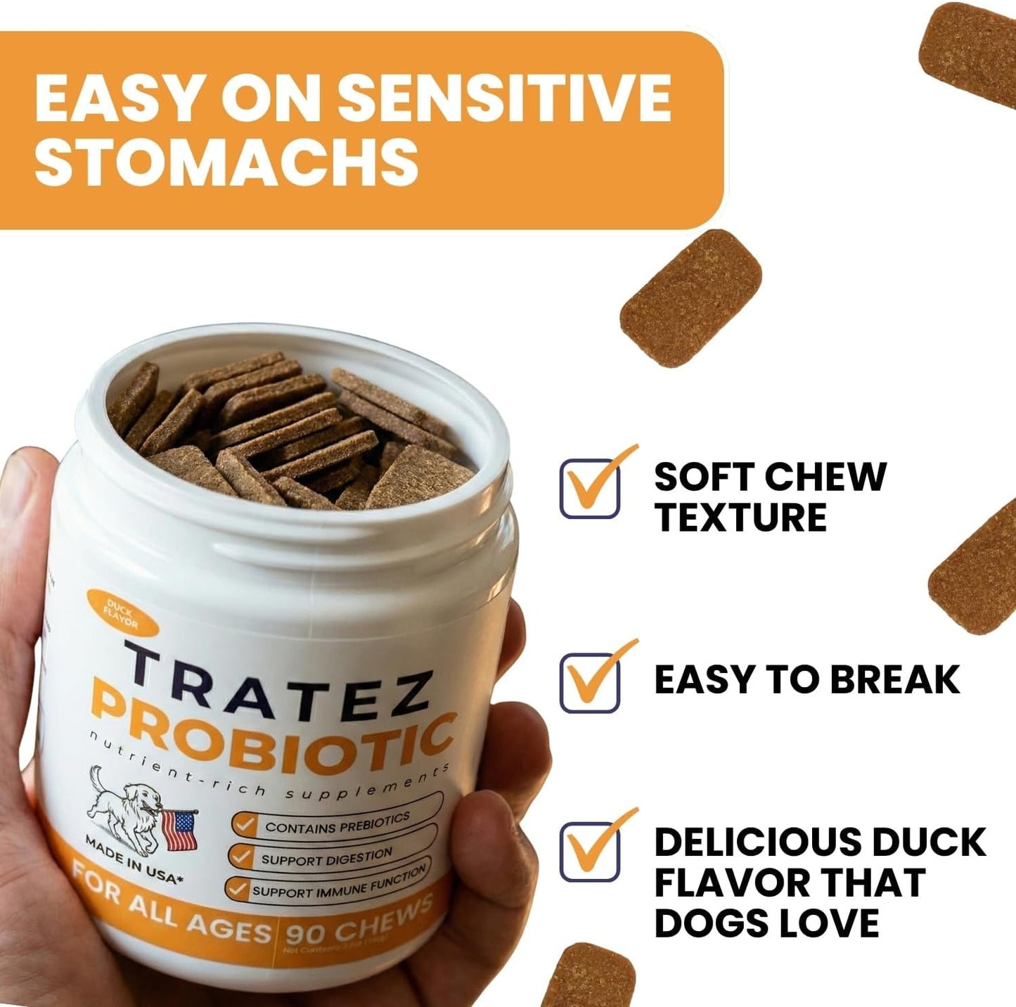 TRATEZ Probiotics for Dogs - Bacillus Coagulans & Prebiotic Fibre Soft Chews - Digestive and Immune Support - Duck Flavour - 90 Count - görsel 6