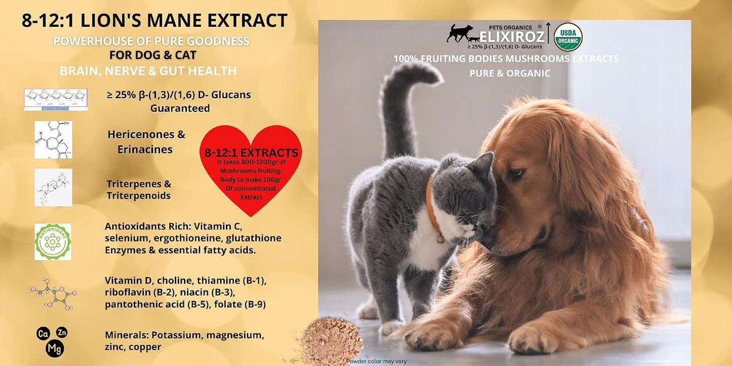 PETS ORGANICS ELIXIROZ Lion's Mane Mushroom Extract for Dogs and Cats – 25% Beta Glucans – Fruiting Body Concentrate – 250 Servings - görsel 5