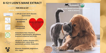 PETS ORGANICS ELIXIROZ Lion's Mane Mushroom Extract for Dogs and Cats – 25% Beta Glucans – Fruiting Body Concentrate – 250 Servings