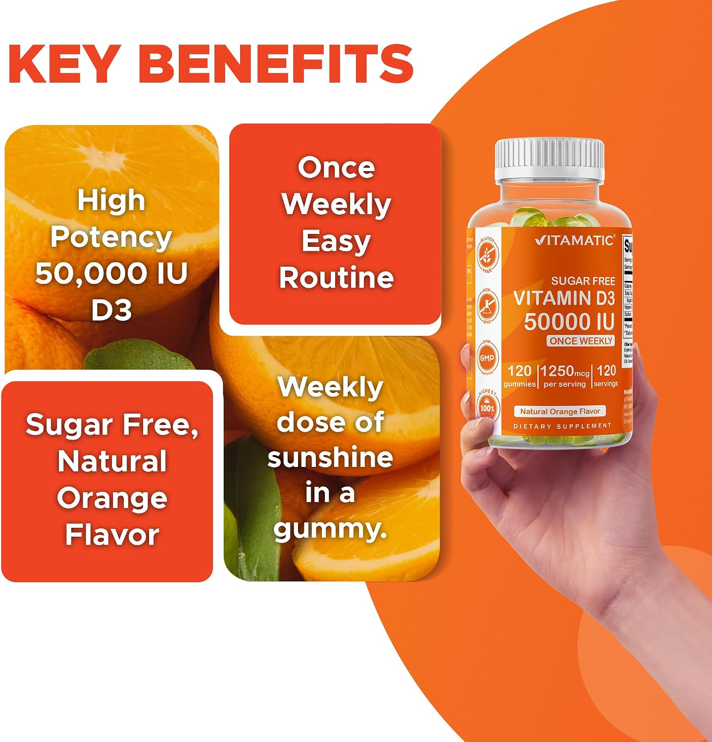 Vitamatic Sugar Free Vitamin D3 50,000 IU Weekly Supplement - 120 Pectin Based Gummies - görsel 5
