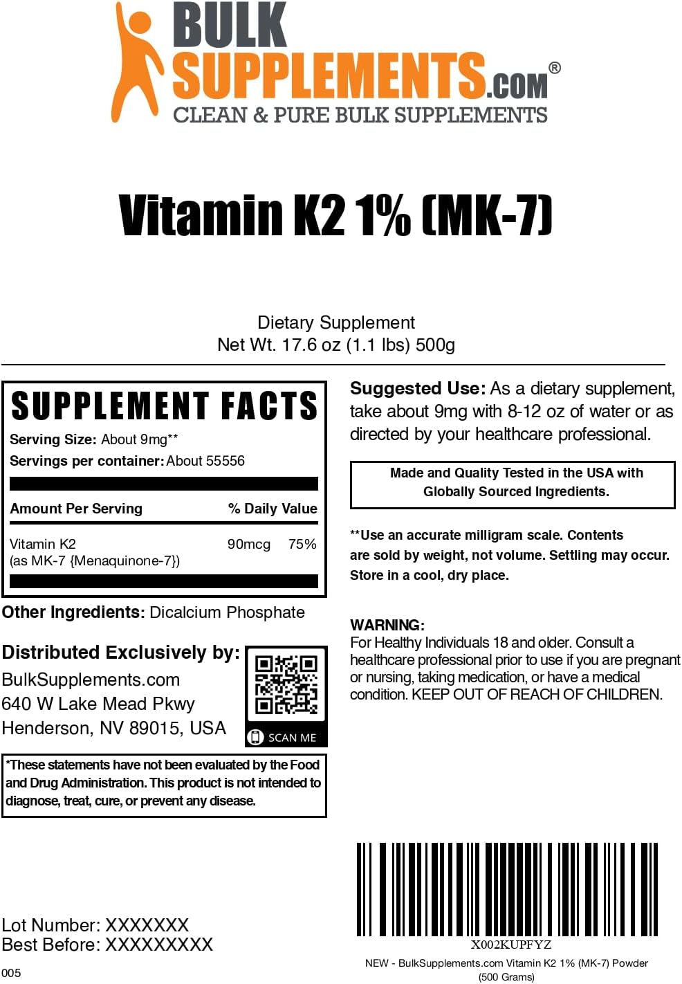 BulkSupplements Vitamin K2 Powder - MK-7 Menaquinone, 9mg per Serving, 500g - görsel 6