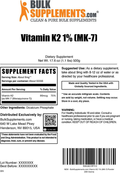 BulkSupplements Vitamin K2 Powder - MK-7 Menaquinone, 9mg per Serving, 500g