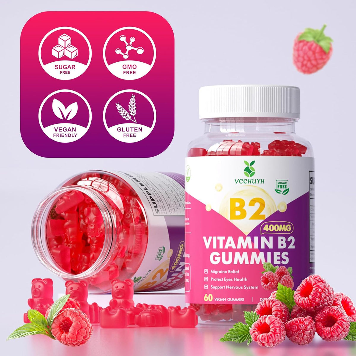 VCCHUYH Vitamin B2 Gummies 400mg – Riboflavin with Magnesium – Vegan, Non-GMO, Raspberry Flavour – 120 Gummies - görsel 6