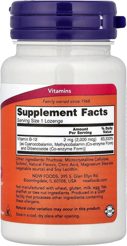 NOW Foods Vitamin B12 2000 mcg Lozenges, 100 Lozenges (Pack of 2)