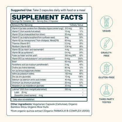 Ora Organic Plant-Based Multivitamin for Women and Men, Blue Light Protection, 60 Vegan Capsules