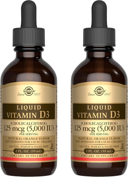 Solgar Liquid Vitamin D3 125 mcg (5,000 IU) - 2 fl oz, Pack of 2 - Natural Orange Flavour