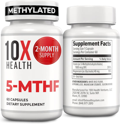 10X Health 5-MTHF Methylfolate - Methylated Folate & Magnesium Supplement