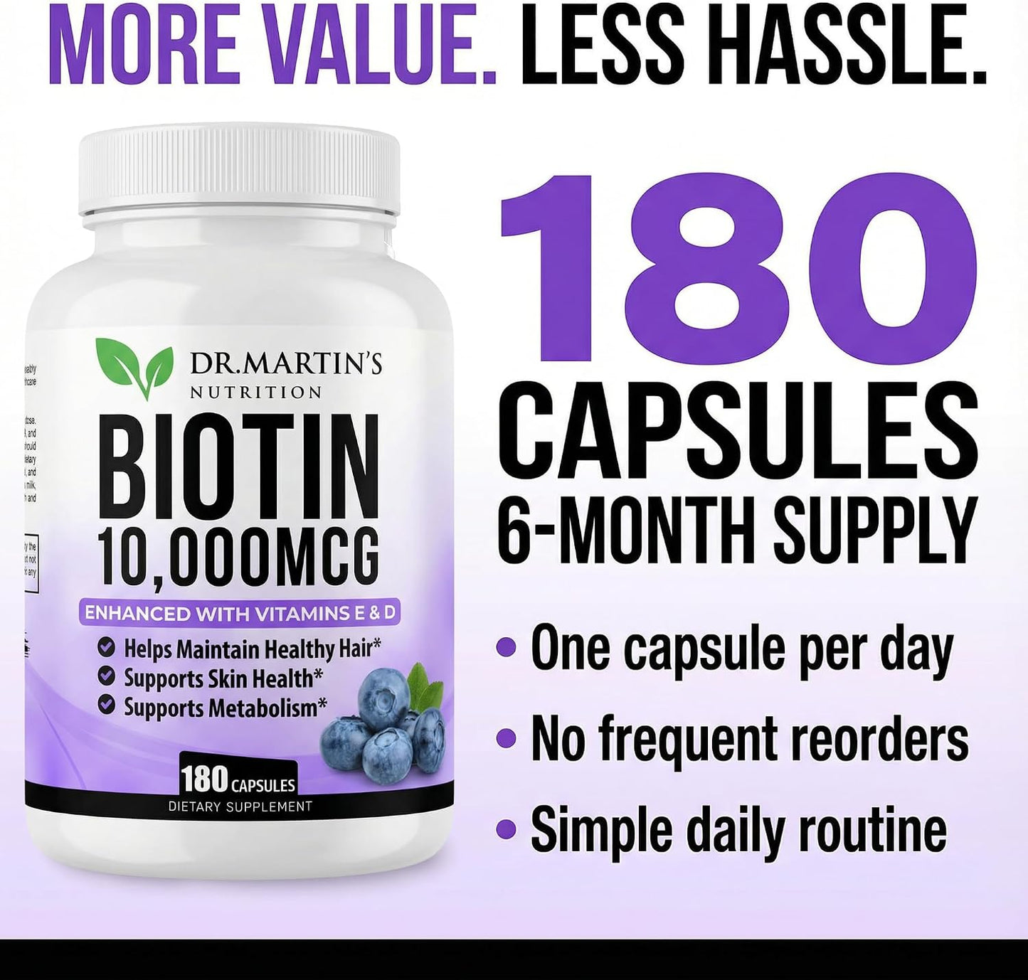 DR. MARTIN'S NUTRITION Biotin 10,000 mcg with Vitamins D3 & E – 180 Capsules - görsel 2