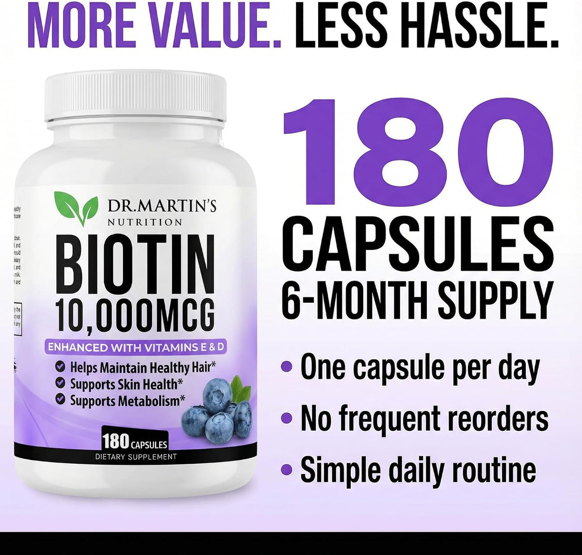 DR. MARTIN'S NUTRITION Biotin 10,000 mcg with Vitamins D3 & E – 180 Capsules - görsel 2