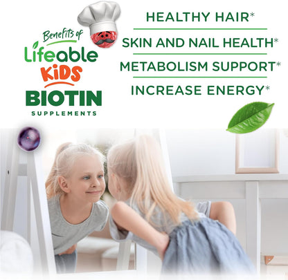 Lifeable Sugar Free Kids Biotin Gummies | 5000 mcg | Great Taste Biotin Supplement for Hair, Skin and Nail Health | Hair Vitamins for Kids, Boys and Girls | 90 Gummies