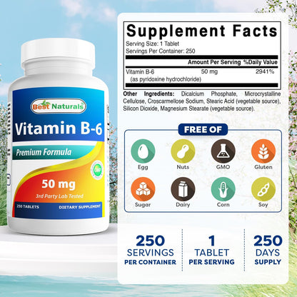 Best Naturals Vitamin B6 50 mg, 250 Tablets