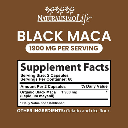 Organic Black Maca 1,900 mg per Serving – Natural Energy Support, Peruvian Maca for Men & Women, 120 Capsules