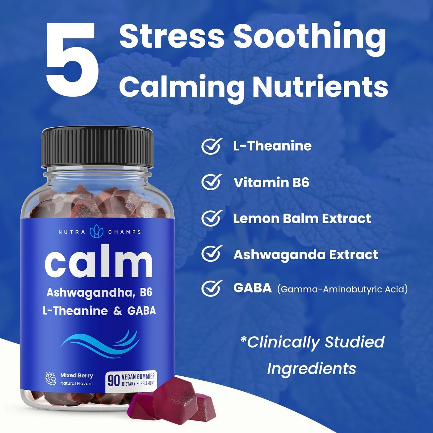 NutraChamps Calm Gummies, Stress Gummies Food Supplement with Ashwagandha, L-Theanine, GABA, Vitamin B6 & Lemon Balm, Supports Mood, Focus & Stress Relief, Natural Berry Flavour, 90 Gummies - görsel 3