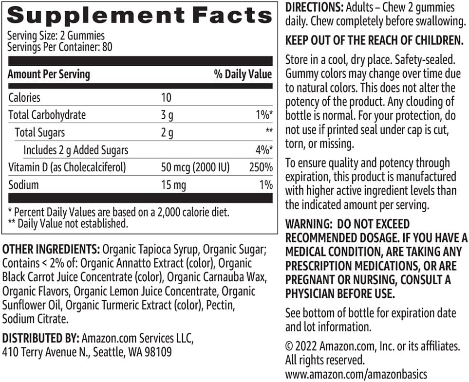 Amazon Basics Vitamin D3 2000 IU Gummies, Orange, Lemon & Strawberry, 160 Count (2 per Serving) - görsel 5