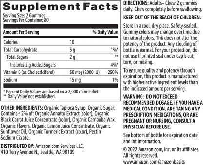 Amazon Basics Vitamin D3 2000 IU Gummies, Orange, Lemon & Strawberry, 160 Count (2 per Serving)