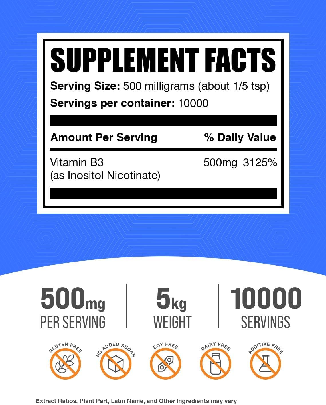 BulkSupplements.com Flush Free Niacin Powder - Inositol Hexanicotinate, Vitamin B3 Food Supplement, 500mg per Serving, 5kg (Pack of 5) - görsel 2