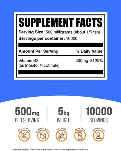 BulkSupplements.com Flush Free Niacin Powder - Inositol Hexanicotinate, Vitamin B3 Food Supplement, 500mg per Serving, 5kg (Pack of 5)
