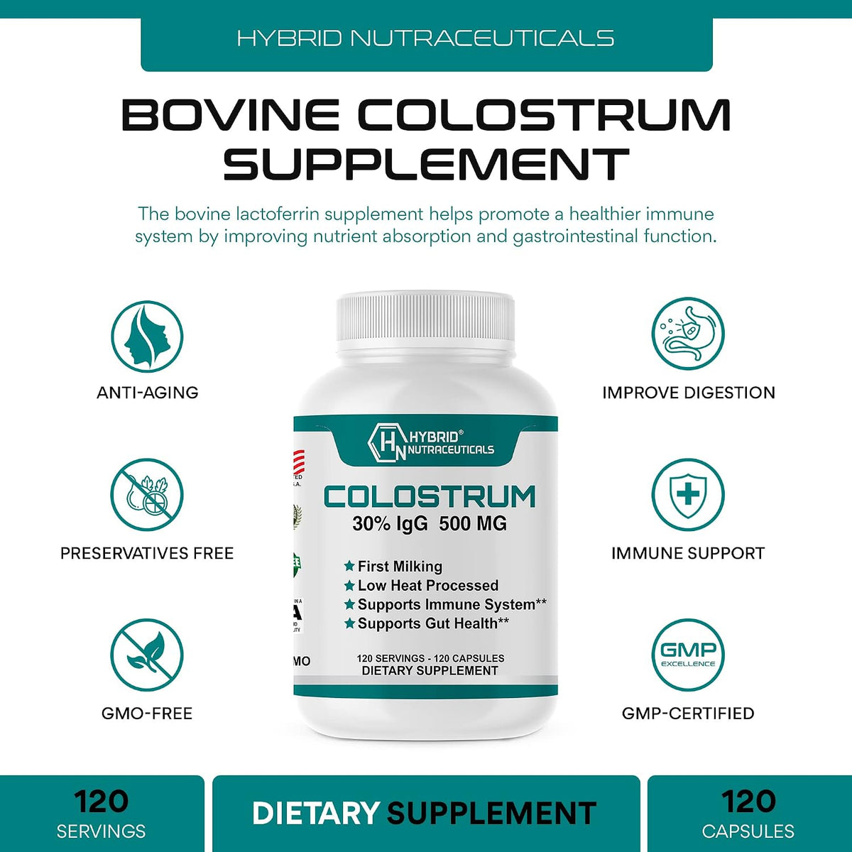 Hybrid Nutraceuticals Bovine Colostrum 500mg 120 Capsules (30% IgG) - görsel 2