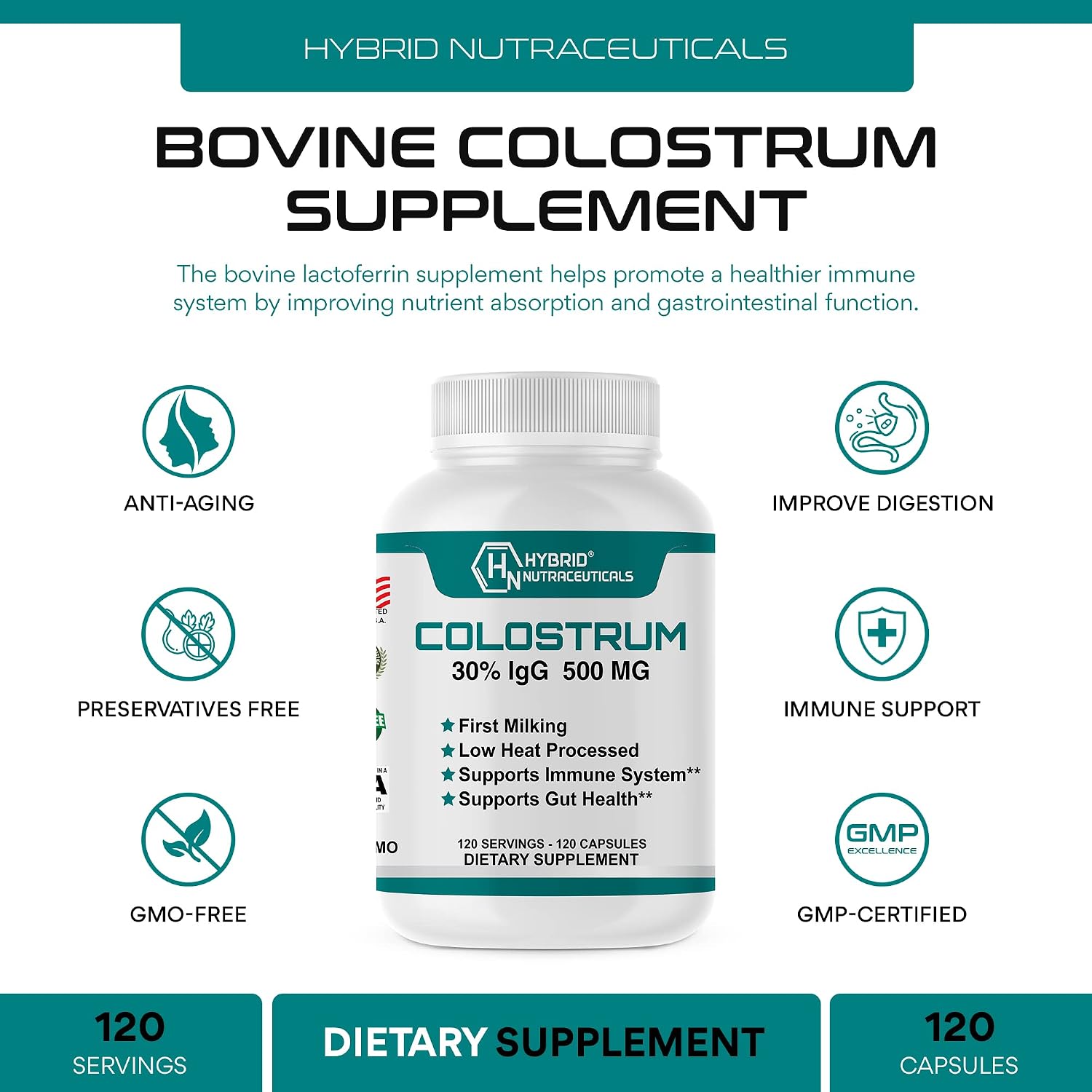 Hybrid Nutraceuticals Bovine Colostrum 500mg 120 Capsules (30% IgG) - görsel 2