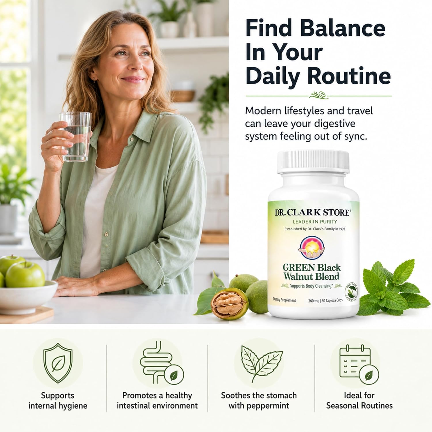 Dr Clark Store Green Black Walnut Blend 360mg with Peppermint, 60 Tapioca Capsules - görsel 2