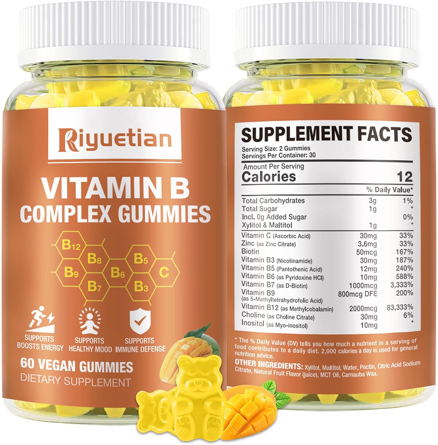 Riyuetian Vitamin B Complex Gummies with Vitamin C, Zinc, Biotin, Choline & Inositol – Contributes to Energy, Mood, Immunity, Healthy Hair & Skin (60 Gummies) - görsel 1